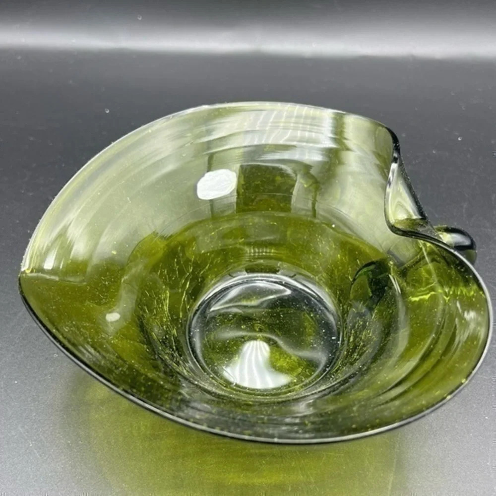 Beautiful Green Art Glass Bowl With Folded Edges Hand Blown Rainbow